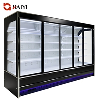 Réfrigérateur commercial ouvert avec porte coulissante en verre, économie d'énergie, vitrine réfrigérée pour fruits et légumes de supermarché