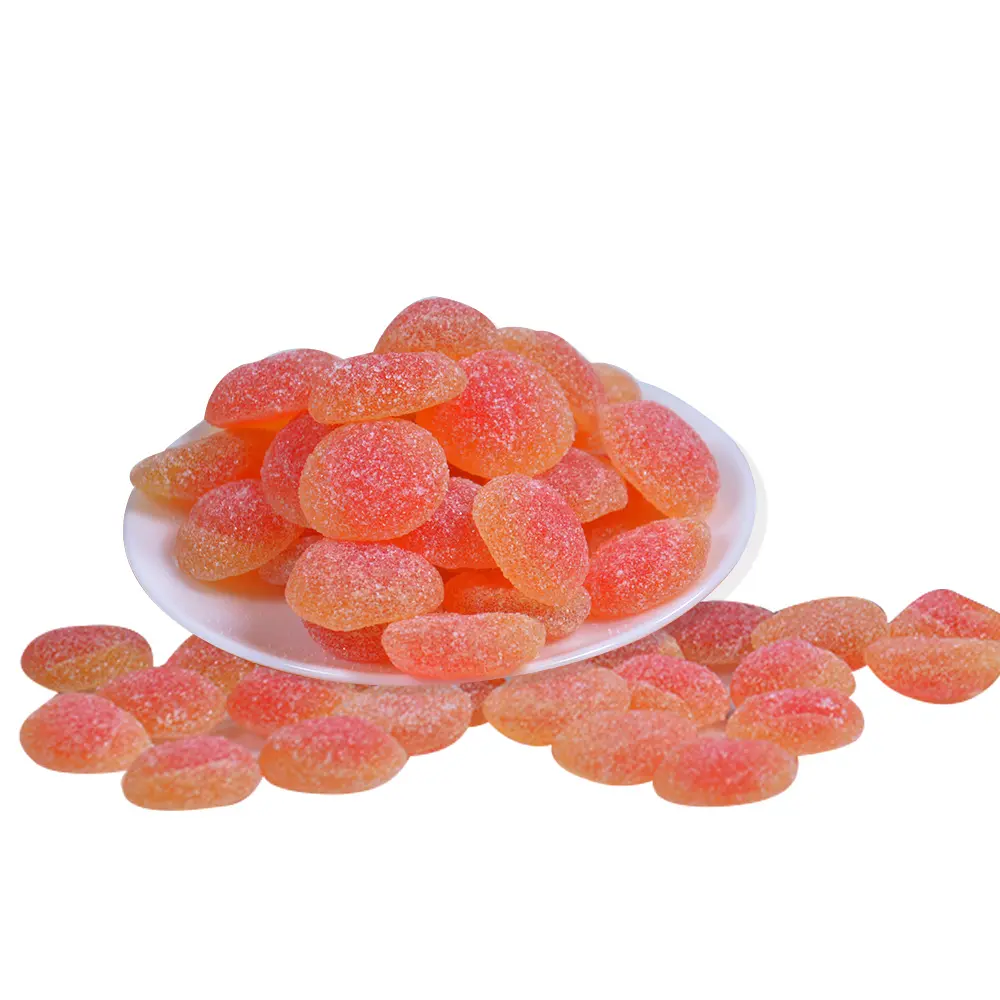 Amos Candy Großhandel Zucker beschichtet Sour Gummy Sweet Bulk Flache Runde Pfirsich geschmack Gummy Candy