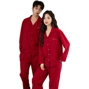 Conjunto de Pijamas de Algodón Puro Antibacteriano 7A para Parejas, Diseño de Solapa Roja de Boda con Bordado del Año del Zodiaco, Conjunto Familiar a Juego - Product Image 4