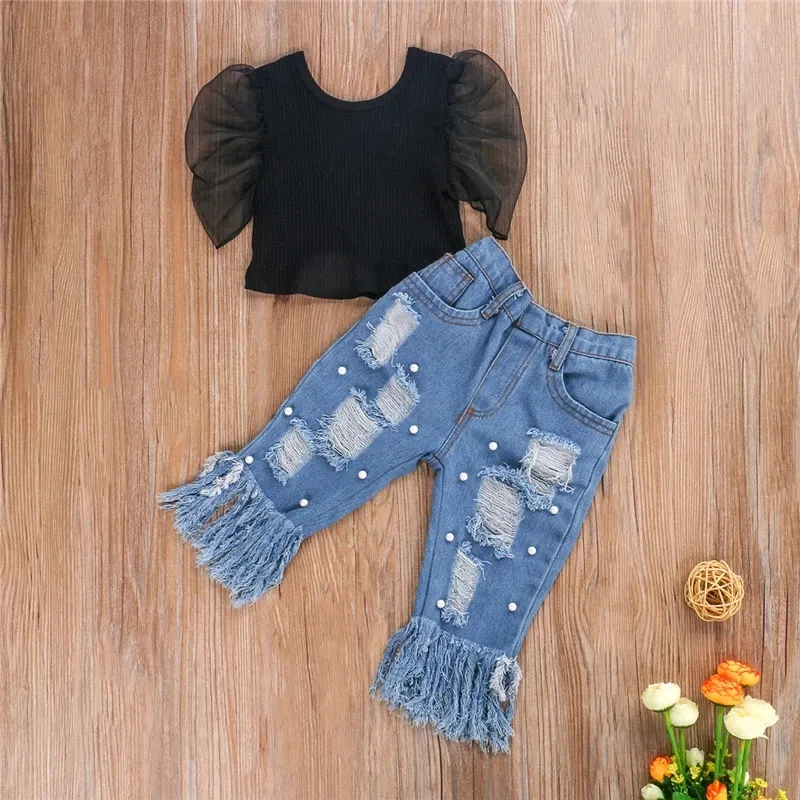 2020 summer autumn Newborn Toddler Kids Baby girls fashion clothes puff sleeve solid color Pearl ripped jeans set Outfits