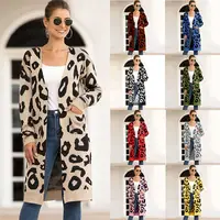 Sıcak satış Amazon moda bayan rahat leopar hırka sonbahar kış açık ön uzun kollu cepler örme uzun kazak ceket