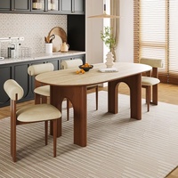 Table à manger avec plateau en pierre, chaises de style français rustique, esthétique Wabi-Sabi, design mi-siècle, ovale, inspirée de l'arche triomphale, 6 places