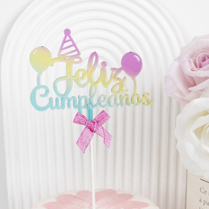 Adorno para Pastel de Cumpleaños en Español, Adorno para Pastel de Feliz Cumpleaños, Globo, Lazo Elegante, Decoración para Pastel de Fiesta de Cumpleaños - Product Image 1