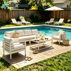 Ensemble <span class=keywords><strong>de</strong></span> canapés d'extérieur en <span class=keywords><strong>aluminium</strong></span> blanc <span class=keywords><strong>de</strong></span> luxe, résistant aux intempéries, avec éléments en teck, pour chambre, <span class=keywords><strong>jardin</strong></span>, patio, <span class=keywords><strong>salon</strong></span>, parcs <span class=keywords><strong>et</strong></span> mobilier d'extérieur - Product Image 1