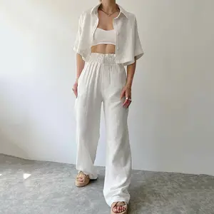 Personnalisé Simple coton vêtements pour femmes en vrac 2 pièces haut court Long pantalon femmes tenue décontractée salon porter gaze coton femmes ensemble