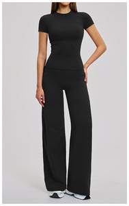 Ensemble de yoga brossé grande taille avec pantalon droit ample taille mi-haute et t-shirt de sport et fitness, ensemble décontracté pour la course en extérieur, extensible dans les quatre sens - Product Image 4