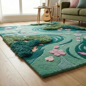 Teal Green Wool Area <b>Rug</b> Crafted with Moss Hand Tufted Floral River Artwork for Living Room Bedroom <b>Nursery</b> Kids Room Play Area - Product Image 6