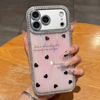 Casing HP INS Fashion Love Heart Jeweled untuk 18 Pro Max 17 16 15 14 13 Pro, Laser Akrilik Anti Benturan