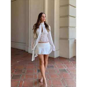 Voikerdr Conjunto de top de malla transparente y minifalda para mujer, conjunto de viaje elegante y transpirable de gasa de manga larga - Product Image 4