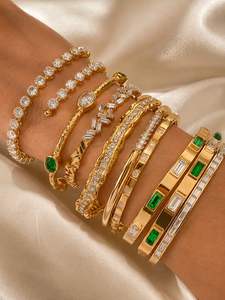 Bracelet en acier inoxydable plaqué or 18 carats avec zircon vert, ajustable, bijoux - Product Image 6