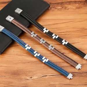 Vente en gros de bijoux vintage en vrac Bracelet tissé en acier inoxydable Bracelet tressé en cuir véritable pour hommes avec fermoir magnétique OT-276