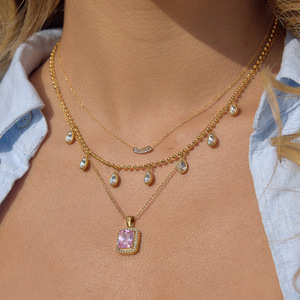 Pink Zircon Pendant Necklace Gold <b>Chain</b> Pave Setting Geometric Square Women's Jewelry Gift Leisure Fashion - Product Image 2