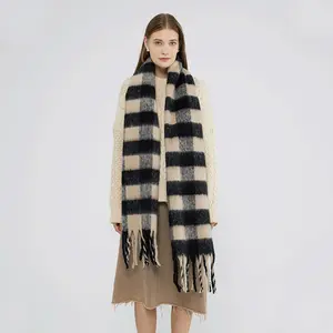 Black and white checkerboard check cashmere scarf for women autumn-winter vibe warm bib shawl