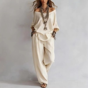 <span class=keywords><strong>Ensemble</strong></span> 2 pièces été décontracté européen et américain : haut en lin tissé à manches trois-quarts et pantalon large - Product Image 2