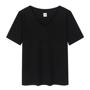 เสื้อยืดผ้าฝ้ายแขนสั้นคอวีสีกรมท่าสีพื้นสำหรับใส่พักผ่อน - Product Image 4