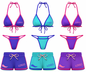 Ensemble bikini deux pièces pour femme avec bordure contrastée et logo imprimé, en spandex et polyester, séchage rapide, bas de maillot de bain string, haut dos nu - Product Image 1