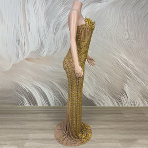 Novance Y5027 派对礼服别致性感无肩带舞会礼服金色水钻鸡尾酒会礼服派对礼服歌手服装 - Product Image 2