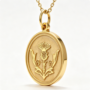 Medalla Circular Chapada en Oro con Diseño de Cardo y Patrón Floral en Relieve, Amuleto de Recuerdo - Product Image 3