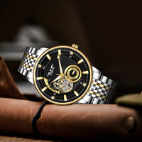PINDU Business Elegante Halb-Skelett Herren Automatik-Mechanische Uhr mit Diamant-Stundenmarkierungen