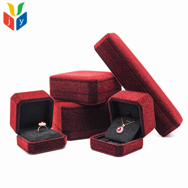 Terciopelo rojo Octagon pulsera colgante collar caja embalaje joyería lujo personalizado terciopelo anillo de bodas caja