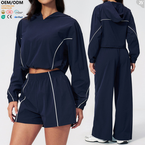 Private Label Bekleidung Raglan-Ärmel-Oberteil Outdoor-Jacke Dehnbarer Elastischer Saum Angehängte Kapuze Lässige Yoga-Gym-Sport-Hoodies für Frauen - Product Image 1