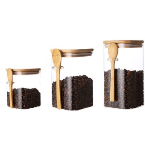 Japanese-style Airtight Kitchen Borosilicate Square Glass Storage Bottles & Jars Canister Set with Bamboo Wooden Lid Spoon