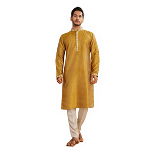 Kurta en soie dorée pour hommes adultes, col brodé blanc, coupe régulière, longueur cheville, tenue traditionnelle indienne pour mariage, couleur soleil - Product Image 1