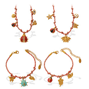 Conjunto de Collares y Pulseras de Aleación de Zinc con Colgante de Mariposa e Insecto, Diseño de Cuerda Roja Tejida Estilo Europeo-Americano, Joyería de Moda para Uso Diario - Product Image 5