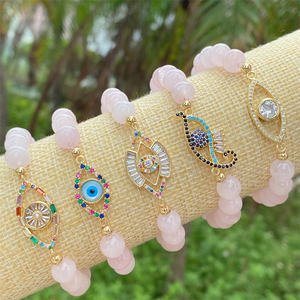 Braccialetto Elastico in Quarzo Rosa con Occhio del Diavolo, Charm Occhio del Diavolo in CZ, Braccialetti di Cristallo Curativo in Quarzo Rosa - Product Image 2