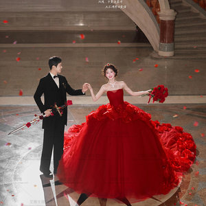 Red Strapless Ball Gown Wedding Dress Princess Waistline Long Train Floral Print For Indoor Studio Couple Photoshoot - Product Image 3