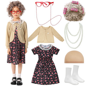 Conjunto de disfraz de abuela Jiedi para niños de 6 años, vestido estampado vintage con peluca, gafas y bastón, traje para fiesta o actuación. - Product Image 5