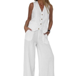 Conjunto de <span class=keywords><strong>chaleco</strong></span> de <span class=keywords><strong>lino</strong></span> y pantalones de pierna ancha para <span class=keywords><strong>mujer</strong></span>-Traje de viaje retro informal con múltiples colores - Product Image 6