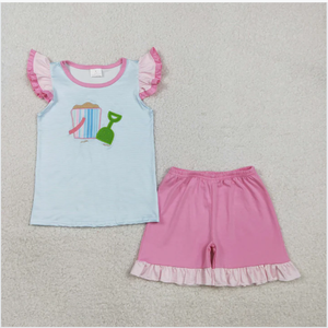 Conjunto de pantalones cortos para niñas GSSO2991 con bordado Sea Beach Pink - Product Image 2