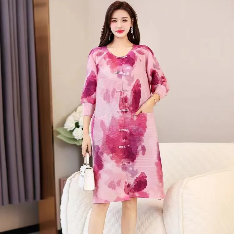 Miyaki Pleated Floral Printed Plus Size Peter Pan Collar Single Breasted Women Casual Dresses Korea Style A Line Dresses