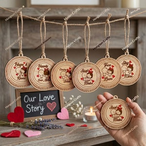Juego de Adornos de Madera para Parejas del Día de San Valentín, Etiquetas Redondas de Madera con Historia de Amor Grabada con Láser, Decoración Romántica para Colgar en Bodas - Product Image 1