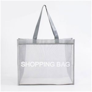 Sac de courses en nylon maillé transparent et respirant, imprimé lettres, portable, pour la plage et le supermarché, vente en gros - Product Image 1