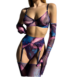 Conjunto de Lencería Sexy de 4 Piezas con Encaje y Tie Dye de King Mcgreen Star, Ropa Interior Erótica con Guantes Transparentes de Malla y Control Ligero - Product Image 1