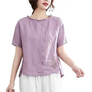 도매 여성 한국어 여성 탑스 블라우스 2020 여름 프릴 자수 꽃 일반 셔츠