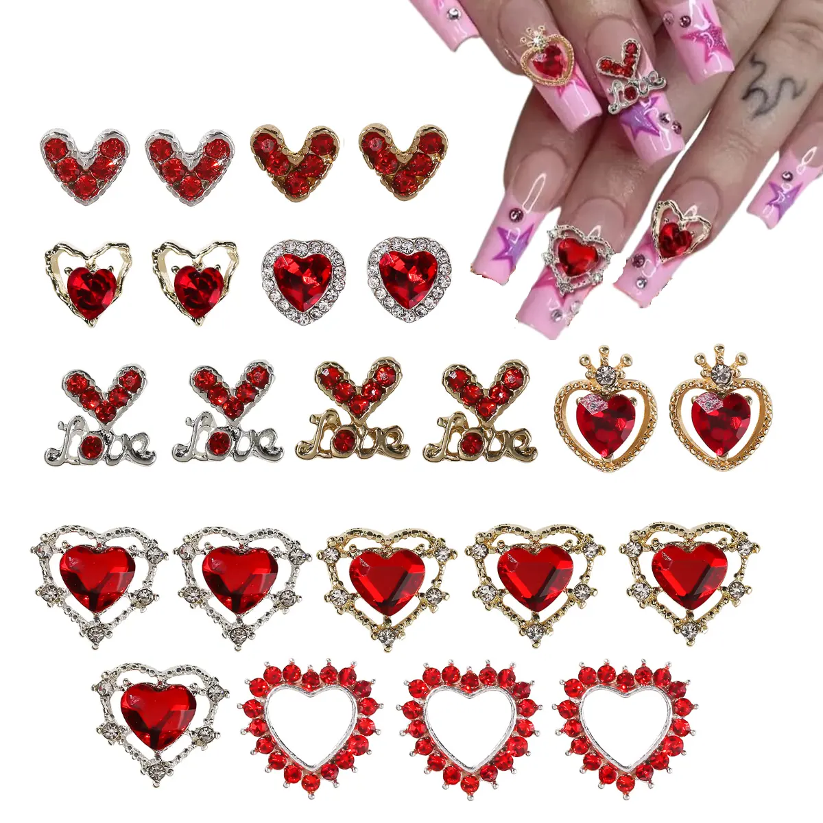 Nouveau 3D Métal Alliage Rouge Saint Valentin Creux Coeur Nail Art Autocollant Amour Bijoux Strass Gemmes Décoration Diamant Charmes