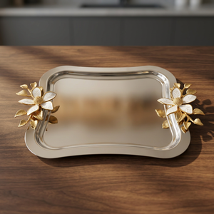 Plateau de service décoratif élégant en métal, plateau à un niveau en aluminium poli avec poignée florale pour cuisine, table à manger, maison, mariage - Product Image 5