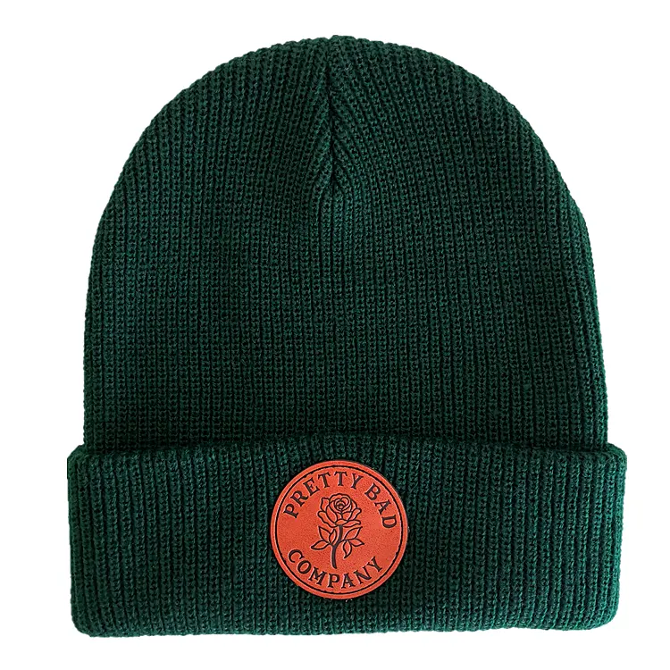 Wholesale Custom Organic Cotton Wool Merino Knitted Beanie Hat With Leather Patch
