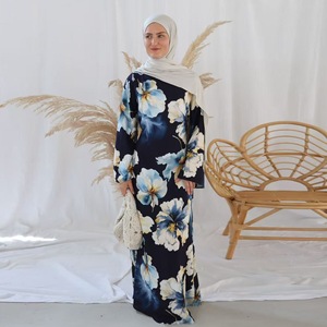 Abaya musulmane élégante et respirante faite à la main R-462, <span class=keywords><strong>robe</strong></span> longue maxi à imprimé floral avec <span class=keywords><strong>ceinture</strong></span> et manches évasées - Product Image 1