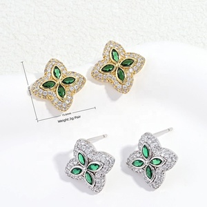 Pendientes <span class=keywords><strong>de</strong></span> Lujo Negros con Trébol <span class=keywords><strong>de</strong></span> Cuatro Hojas, Circonita Marquise y Flor Pavé, <span class=keywords><strong>de</strong></span> Latón Bañado en <span class=keywords><strong>Oro</strong></span>, para Mujer, Estilo Vintage, <span class=keywords><strong>Precio</strong></span> al por Mayor - Product Image 1