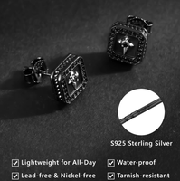 Boucles d'oreilles clous carrées noires pour hommes, en argent sterling 925, hypoallergéniques, serties de zircone cubique, style punk gothique streetwear, bijoux masculins, boucles d'oreilles croix