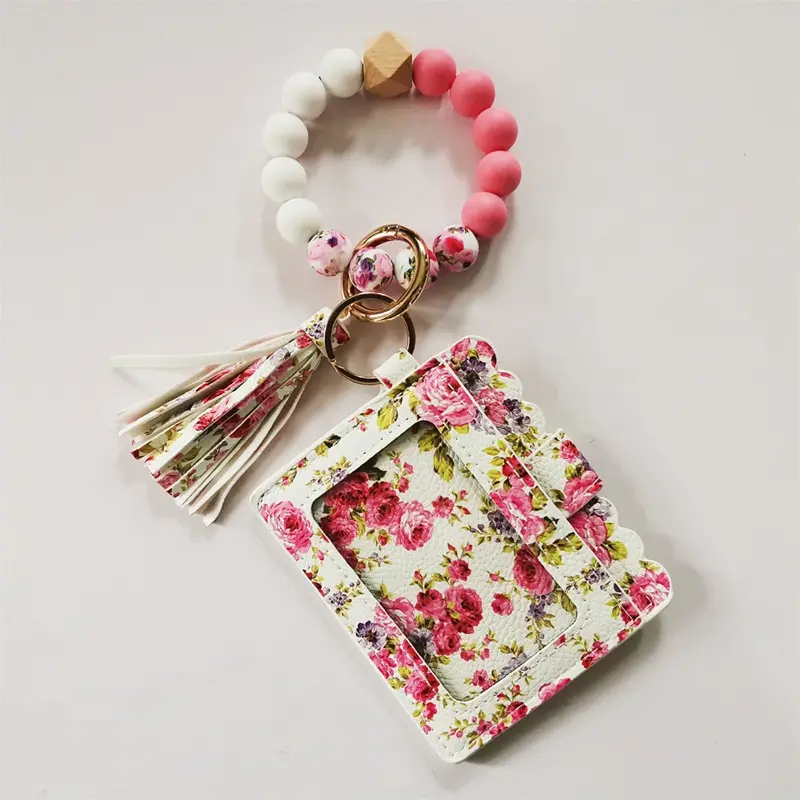 Popular Leopard Floral Print Leather Tassel Bangle Key Ring Card Holder Elastic Silicone Bead Wristlet Mini Wallet Keychain