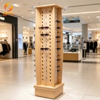 Light Wood Rotating Eyewear Display Tower, Floor-Standing Sunglasses Rack for Optical Shops & Malls