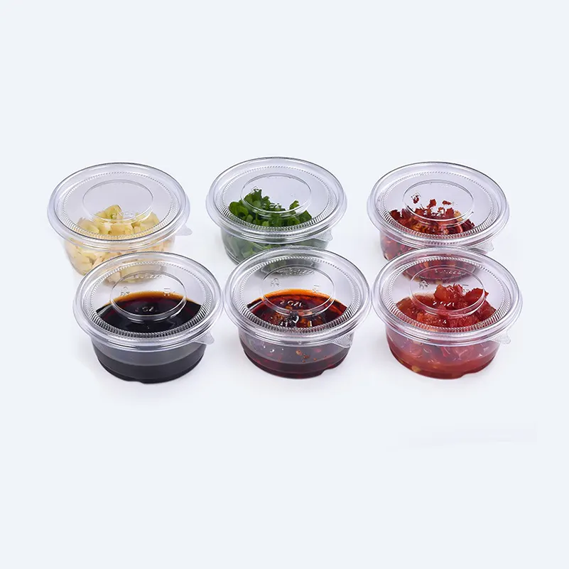 Aanpasbare Logo Food Packaking Portie Container Food Grade Veilige Plastic Specerij Shot Dessert Dressing Saus Cup
