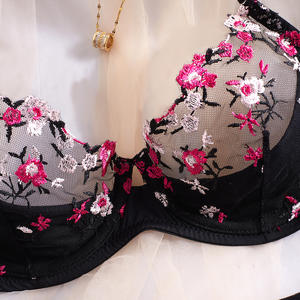 新しいメッシュ刺繍超薄型パースペクティブ花びらセクシーブラ2ピースセット通気性の小さな胸ショー大きな純粋な風女性卸売 - Product Image 2