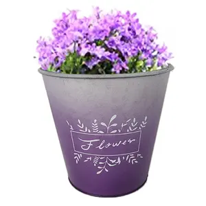 Lavender roxo logotipo personalizado vaso de flores galvanizado ferro redondo metal balde plantador para jardim