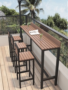 Tavolo Alto Moderno da Esterno in Legno Anticorrosione e Resistente al Sole con Combinazione di Sedie Lunghe, Tavolo da <span class=keywords><strong>Bar</strong></span> a Parete per Hotel e Caffetterie - Product Image 6